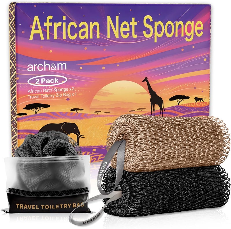 ARCH&M Authentic African Net Sponge Knots - Real African Bath Loofah Shower Sponges Afro Scrubber Body Exfoliating Washcloth Africa Bath Sponges for Back Scrub Shower Accessories Black + Champagne by - Image 1
